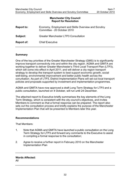 Local Transport Plan 3 Report to the Economy, Employment and Skills Overview and Scrutiny Committee on 20 October 2010