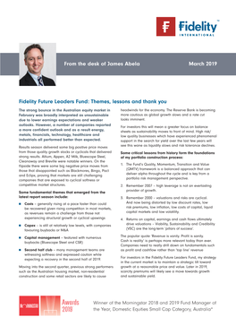 Fidelity Future Leaders Fund: Themes, Lessons and Thank You the Strong Bounce in the Australian Equity Market in Headwinds for the Economy