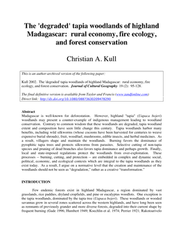 Tapia Woodlands of Highland Madagascar: Rural Economy, Fire Ecology, and Forest Conservation