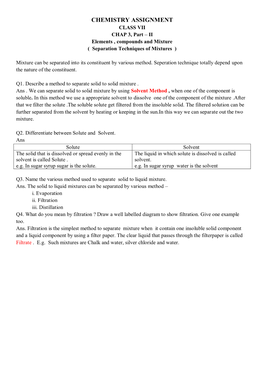 CHEMISTRY ASSIGNMENT CLASS VII CHAP 3, Part – II Elements , Compounds and Mixture ( Separation Techniques of Mixtures )