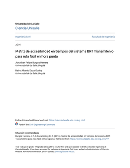 Matriz De Accesibilidad En Tiempos Del Sistema BRT Transmilenio Para Ruta Fácil En Hora Punta