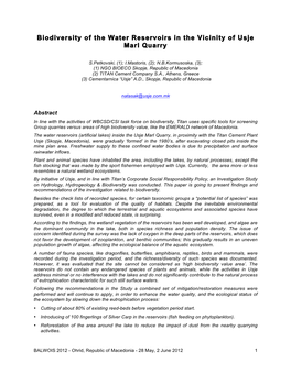 Biodiversity of the Water Reservoirs in the Vicinity of Usje Marl Quarry