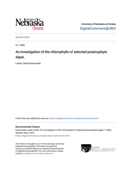 An Investigation of the Chlorophylls of Selected Prasinophyte Algae