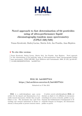 Novel Approach to Fast Determination of 64 Pesticides Using of Ultra-Performance Liquid Chromatography-Tandem Mass Spectrometry