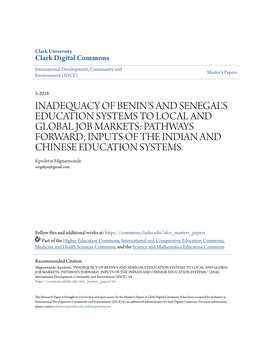 Inadequacy of Benin's and Senegal's Education Systems to Local and Global Job Markets: Pathways Forward; Inputs of the Indian and Chinese Education Systems