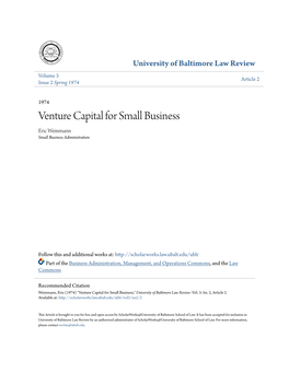 Venture Capital for Small Business Eric Weinmann Small Business Administration
