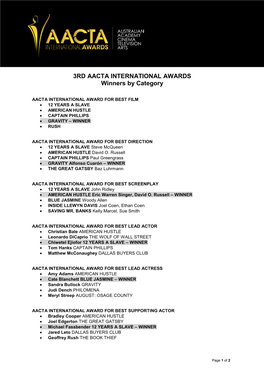 3RD AACTA INTERNATIONAL AWARDS Winners by Category