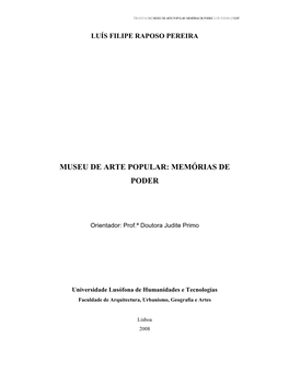 Museu De Arte Popular: Memórias De Poder | Luís Pereira | Ulht