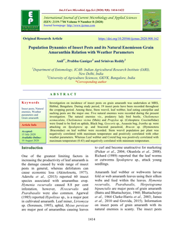 Population Dynamics of Insect Pests and Its Natural Enemieson Grain Amaranthin Relation with Weather Parameters