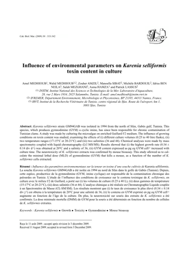 Influence of Environmental Parameters on Karenia Selliformis Toxin Content in Culture