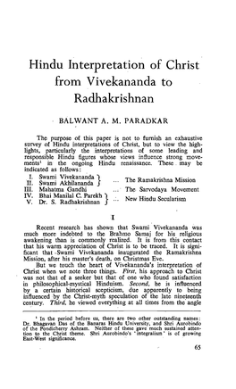 Hindu Interpretation of Christ from Vivekananda to Radhakrishnan