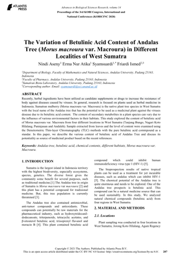 The Variation of Betulinic Acid Content of Andalas Tree (Morus Macroura Var