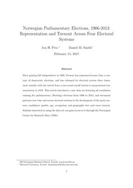 Norwegian Parliamentary Elections, 1906-2013: Representation and Turnout Across Four Electoral Systems