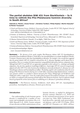 The Partial Skeleton Stw 431 from Sterkfontein – Is It Time to Rethink the Plio-Pleistocene Hominin Diversity in South Africa?