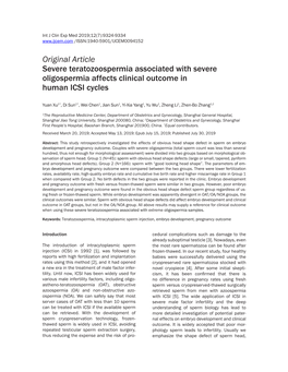 Original Article Severe Teratozoospermia Associated with Severe Oligospermia Affects Clinical Outcome in Human ICSI Cycles