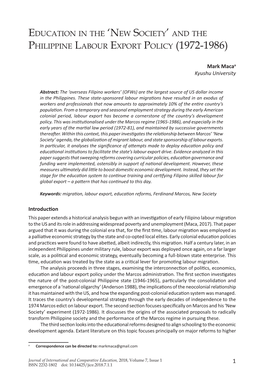 'New Society' and the Philippine Labour Export Policy (1972-1986)