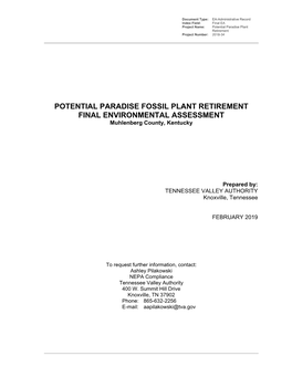 POTENTIAL PARADISE FOSSIL PLANT RETIREMENT FINAL ENVIRONMENTAL ASSESSMENT Muhlenberg County, Kentucky