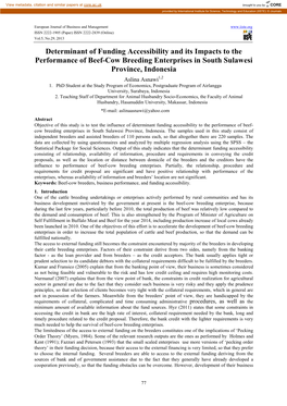 Determinant of Funding Accessibility and Its Impacts to the Performance of Beef-Cow Breeding Enterprises in South Sulawesi Province, Indonesia Aslina Asnawi 1,2 1