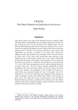 CILICIA: the FIRST CHRISTIAN CHURCHES in ANATOLIA1 Mark Wilson
