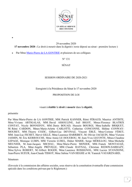 Le Droit À Mourir Dans La Dignité ( Texte Déposé Au Sénat - Première Lecture )