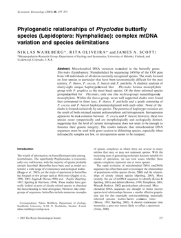 Phylogenetic Relationships of Phyciodes Butterfly Species (Lepidoptera: Nymphalidae): Complex Mtdna Variation and Species Delimitations