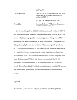 Effect of LYCH (Lycium Chinense P. Mill.) Leaf Hydrolysates on the Growth of Pediococcus Acidilactici IMT101