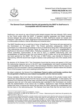 General Court of the European Union PRESS RELEASE No 5/15 Luxembourg, 15 January 2015