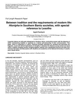 Hlonipha in Southern Bantu Societies, with Special Reference to Lesotho