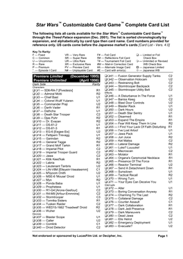 Star Wars™ Customizable Card Game™ Complete Card List