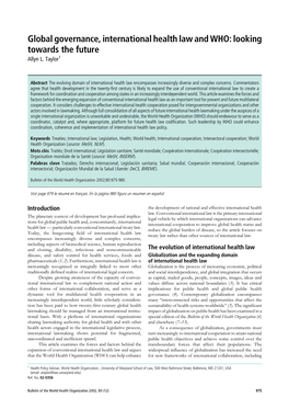 Global Governance, International Health Law and WHO: Looking Towards the Future Allyn L