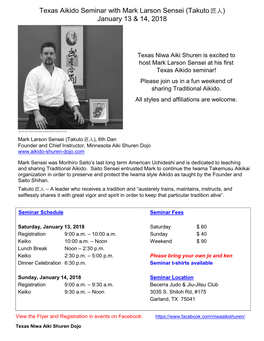 Texas Aikido Seminar with Mark Larson Sensei (Takuto 匠人) January 13 & 14, 2018