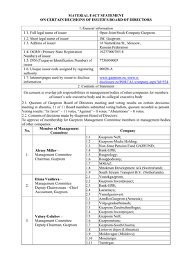 Material Fact Statement on Certain Decisions of Issuer’S Board of Directors