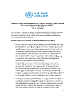 1 Conclusions and Recommendations from the Thirteenth Meeting of the WHO Advisory Committee on Safety of Medicinal Products (ACS