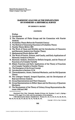 HARMONIC ANALYSIS AS the EXPLOITATION of SYMMETRY-A HISTORICAL SURVEY Preface 1. Introduction 2. the Characters of Finite Groups