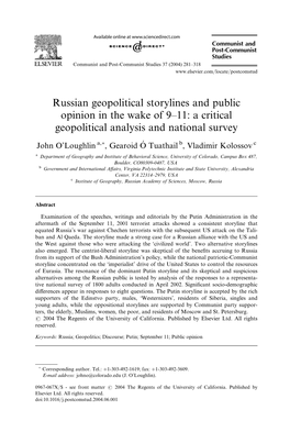 Russian Geopolitical Storylines and Public Opinion in the Wake of 9–11: a Critical Geopolitical Analysis and National Survey