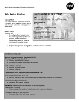 Solar System Simulator NASA SUMMER of INNOVATION