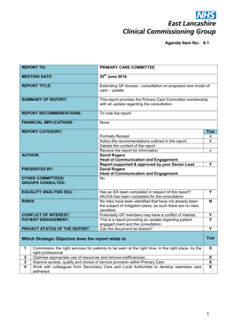 1 Agenda Item No: 6.1 Which Strategic Objective Does the Report Relate To