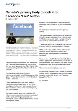 Canada's Privacy Body to Look Into Facebook 'Like' Button 22 September 2010