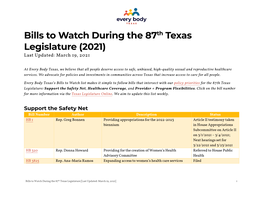 Bills to Watch During the 87Th Texas Legislature (2021) Last Updated: March 19, 2021