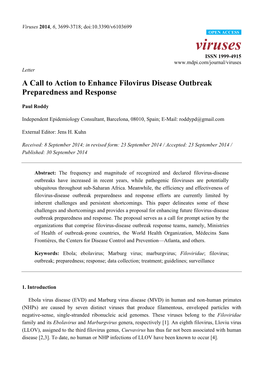 A Call to Action to Enhance Filovirus Disease Outbreak Preparedness and Response
