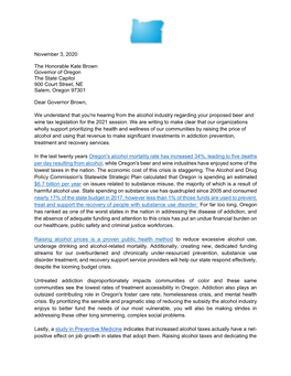 November 3, 2020 the Honorable Kate Brown Governor of Oregon the State Capitol 900 Court Street, NE Salem, Oregon 97301 Dear