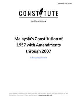 Malaysia's Constitution of 1957 with Amendments Through 2007