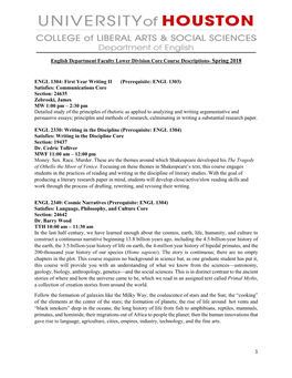 1 English Department Faculty Lower Division Core Course Descriptions- Spring 2018 ENGL 1304: First Year Writing II (Prerequisit