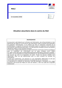 Situation Sécuritaire Dans Le Centre Du Mali, Ofpra, 12/11/2019