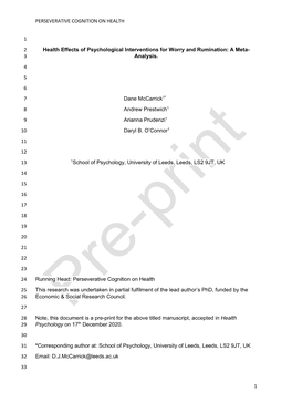 PERSEVERATIVE COGNITION on HEALTH 1 1 Health Effects of Psychological Interventions for Worry and Rumination