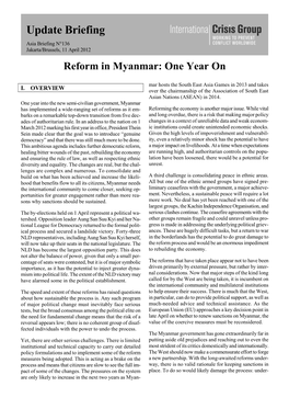 Reform in Myanmar: One Year On
