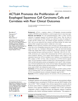 ACTL6A Promotes the Proliferation of Esophageal Squamous Cell Carcinoma Cells and Correlates with Poor Clinical Outcomes