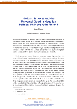 National Interest and the Universal Good in Hegelian Political Philosophy in Finland