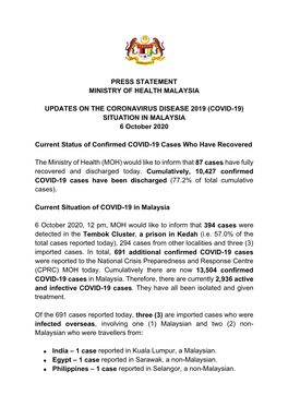 (COVID-19) SITUATION in MALAYSIA 6 October 2020