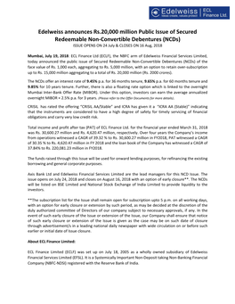 Edelweiss Announces Rs.20,000 Million Public Issue of Secured Redeemable Non-Convertible Debentures (Ncds) ISSUE OPENS on 24 July & CLOSES on 16 Aug, 2018